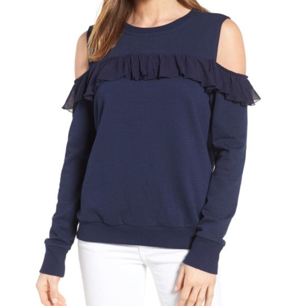 Halogen Ruffle Cold Shoulder Sweatshirt